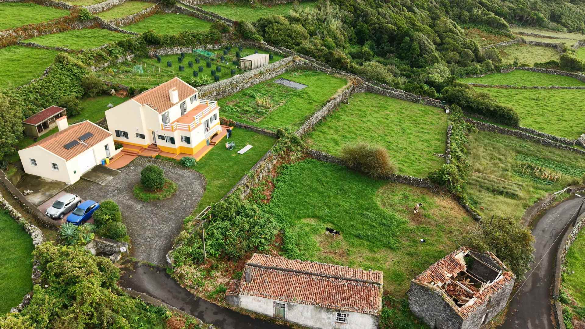 Aerial view over Orchid House, its walled gardens and the fields running down to the Atlantic
